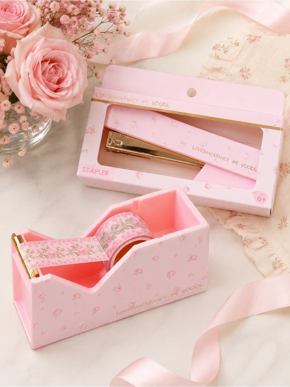 LoveShackFancy Pink Floral Stapler and Tape Dispenser Set